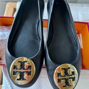 Tory Burch Black Flats with Gold Emblem